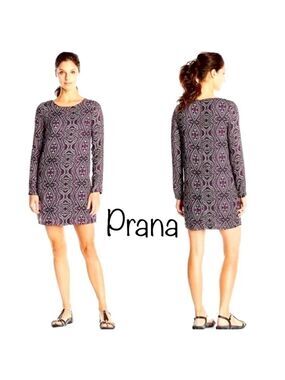 Prana CeCe Paisley Purple/Black Print Knit Lined boho Coastal Chic Dress Size M